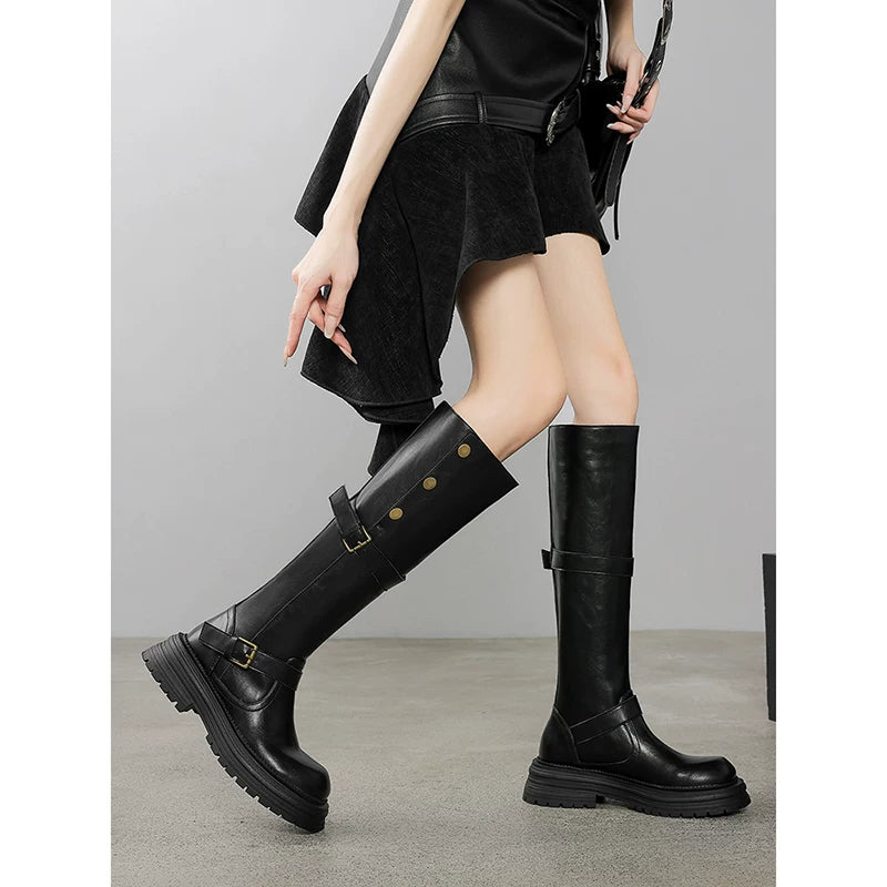 Women's Fall Winter Office Chunky Sole Round Toe Workwear Tall Riding Boots for Cold Weather Streetwear and Weekend Everyday Wear