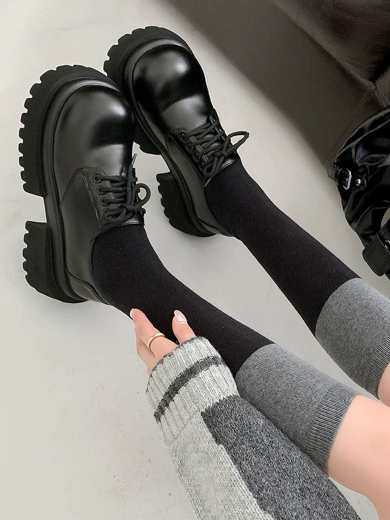 Women's Chunky Sole Leather Round Toe Block Heel Preppy Retro Casual Loafers for Office Outfits Business Travel Everyday Wear Date Night