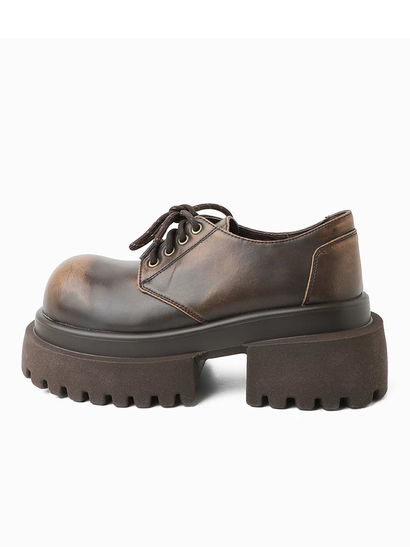 Women's Chunky Sole Leather Round Toe Block Heel Preppy Retro Casual Loafers for Office Outfits Business Travel Everyday Wear Date Night