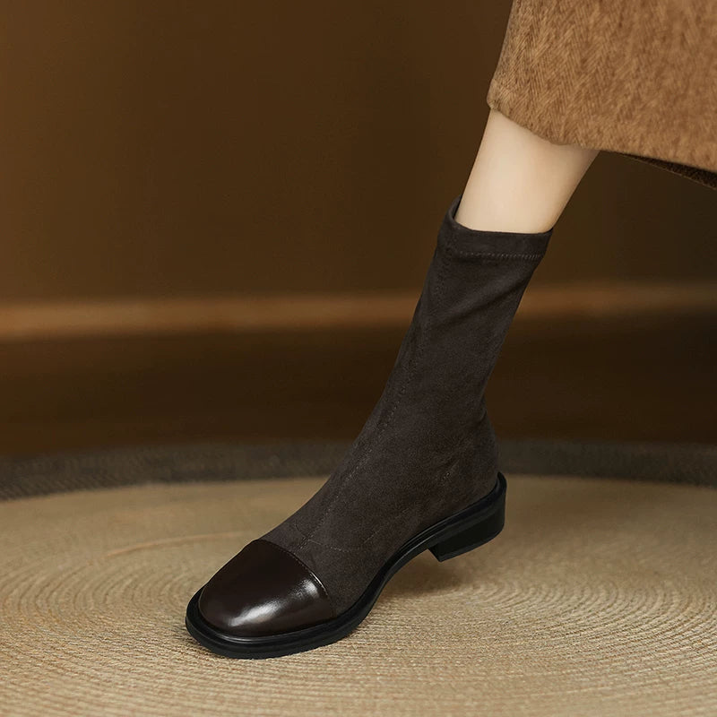 Women's Fall Winter Suede Square Toe Low Heel Plus Size Slim-fit British-style Slim Ankle Boots for Office and Weekend Streetwear Everyday Wear Slimming