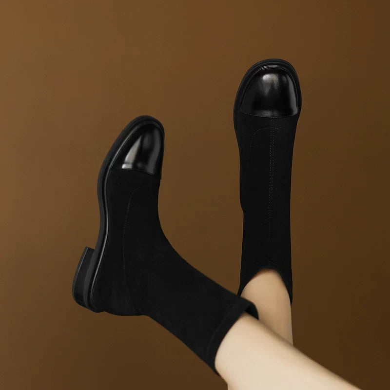 Women's Fall Winter Suede Square Toe Low Heel Plus Size Slim-fit British-style Slim Ankle Boots for Office and Weekend Streetwear Everyday Wear Slimming