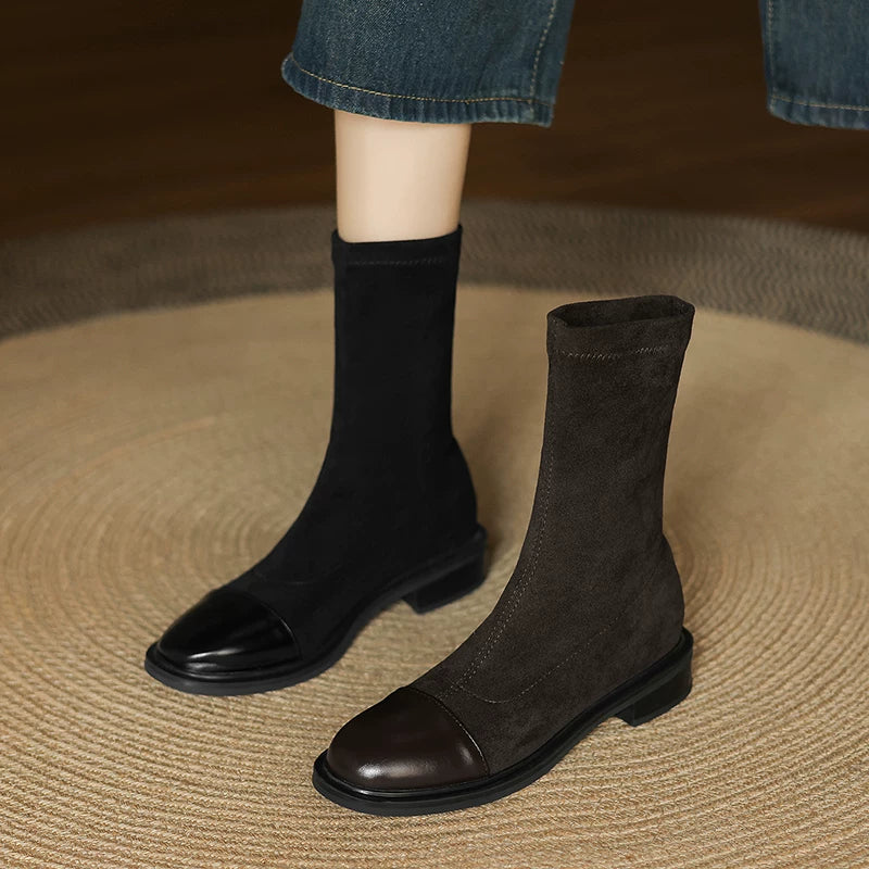 Women's Fall Winter Suede Square Toe Low Heel Plus Size Slim-fit British-style Slim Ankle Boots for Office and Weekend Streetwear Everyday Wear Slimming