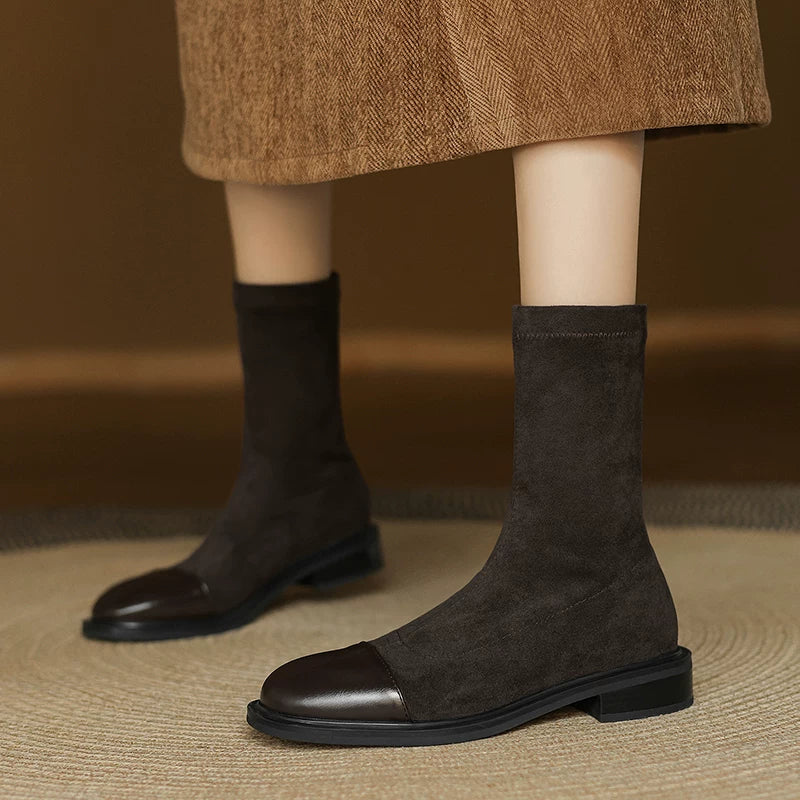 Women's Fall Winter Suede Square Toe Low Heel Plus Size Slim-fit British-style Slim Ankle Boots for Office and Weekend Streetwear Everyday Wear Slimming
