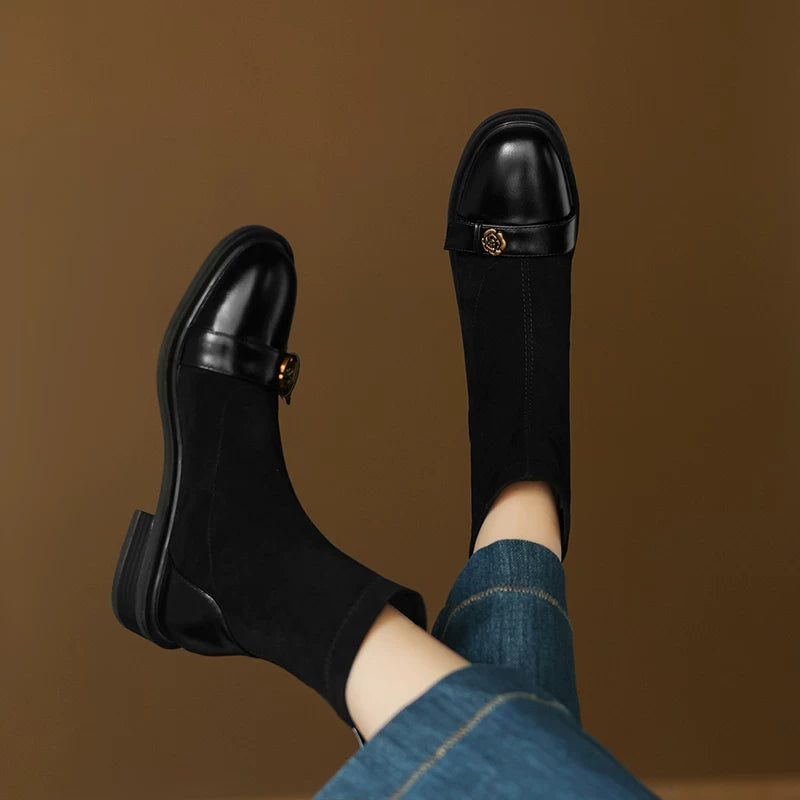Women's Fall Winter Suede Block Heel Plus Size Slim-fit Martin Combat Boots for Office and Weekend Streetwear Everyday Wear Slimming