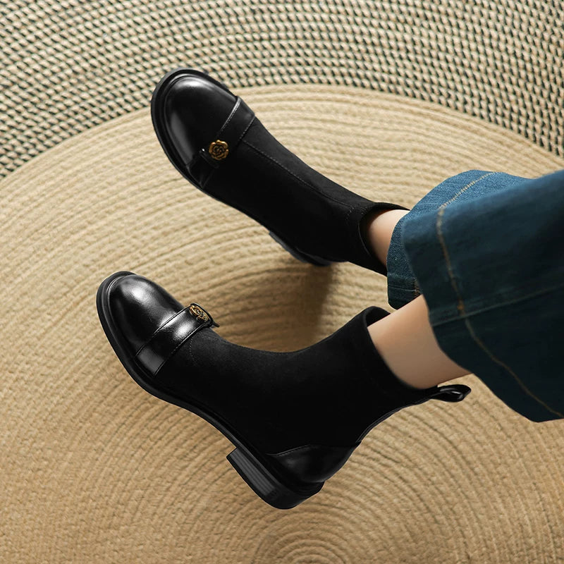 Women's Fall Winter Suede Block Heel Plus Size Slim-fit Martin Combat Boots for Office and Weekend Streetwear Everyday Wear Slimming