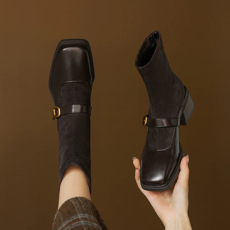 Women's Fall Winter Square Toe Block Heel Mid Heel High Heel French-Inspired Retro Slim Ankle Boots Streetwear Office and Weekend