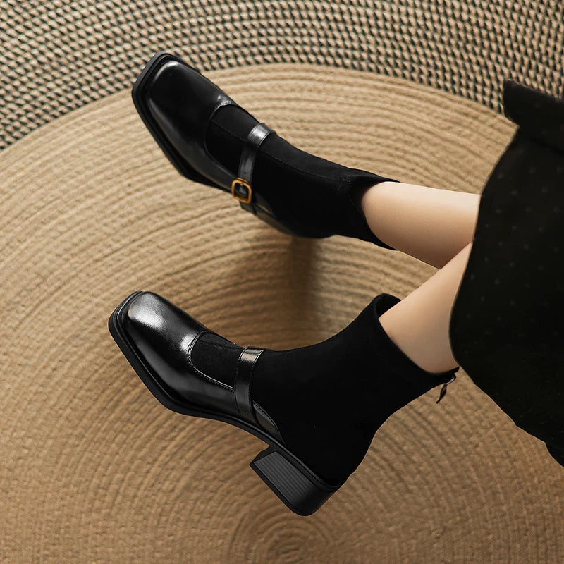 Women's Fall Winter Square Toe Block Heel Mid Heel High Heel French-Inspired Retro Slim Ankle Boots Streetwear Office and Weekend