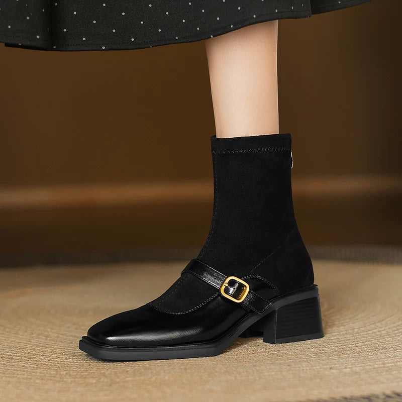 Women's Fall Winter Square Toe Block Heel Mid Heel High Heel French-Inspired Retro Slim Ankle Boots Streetwear Office and Weekend