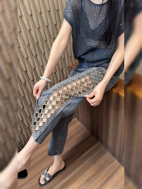 Women's Summer Straight Embroidered Crystal Petite Plus Size Cutout Wide-Leg Jeans for Casual Outfits Everyday Office Spring Summer Weekend