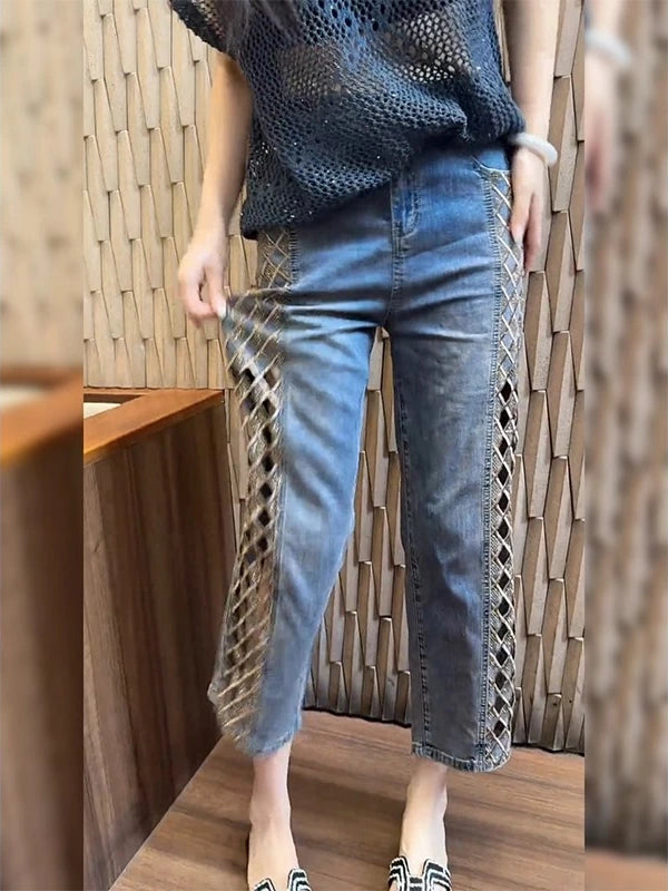 Women's Summer Straight Embroidered Crystal Petite Plus Size Cutout Wide-Leg Jeans for Casual Outfits Everyday Office Spring Summer Weekend