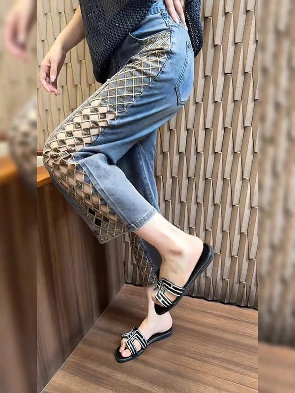 Women's Summer Straight Embroidered Crystal Petite Plus Size Cutout Wide-Leg Jeans for Casual Outfits Everyday Office Spring Summer Weekend