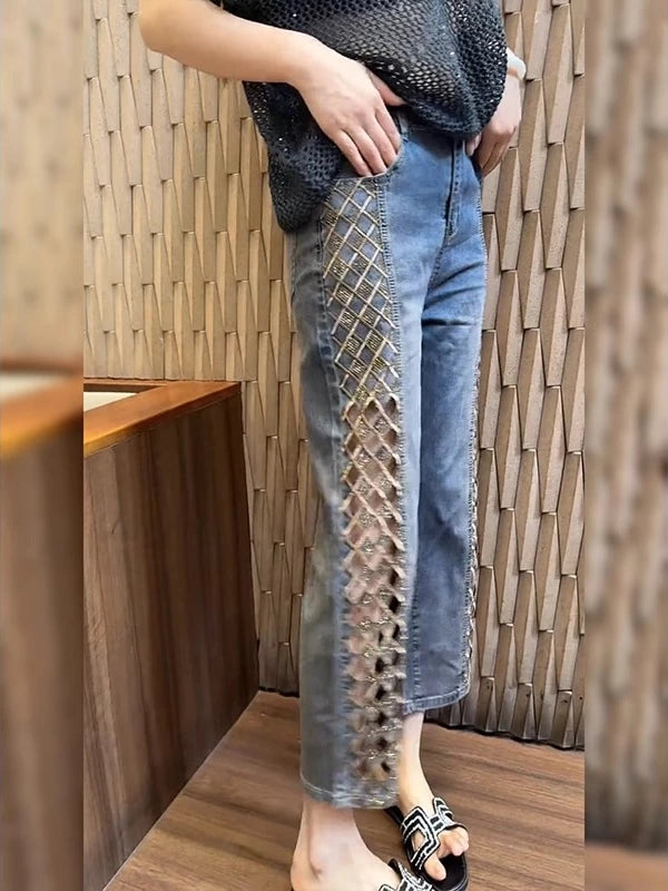 Women's Summer Straight Embroidered Crystal Petite Plus Size Cutout Wide-Leg Jeans for Casual Outfits Everyday Office Spring Summer Weekend