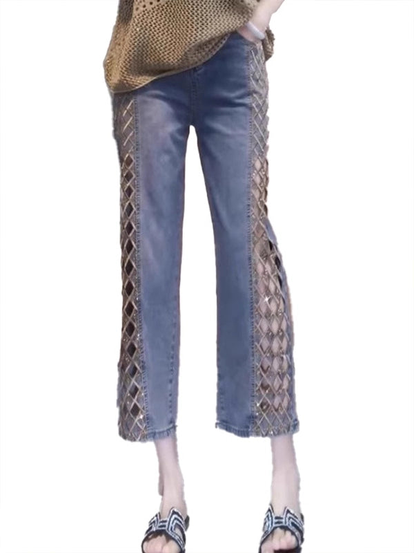 Women's Summer Straight Embroidered Crystal Petite Plus Size Cutout Wide-Leg Jeans for Casual Outfits Everyday Office Spring Summer Weekend