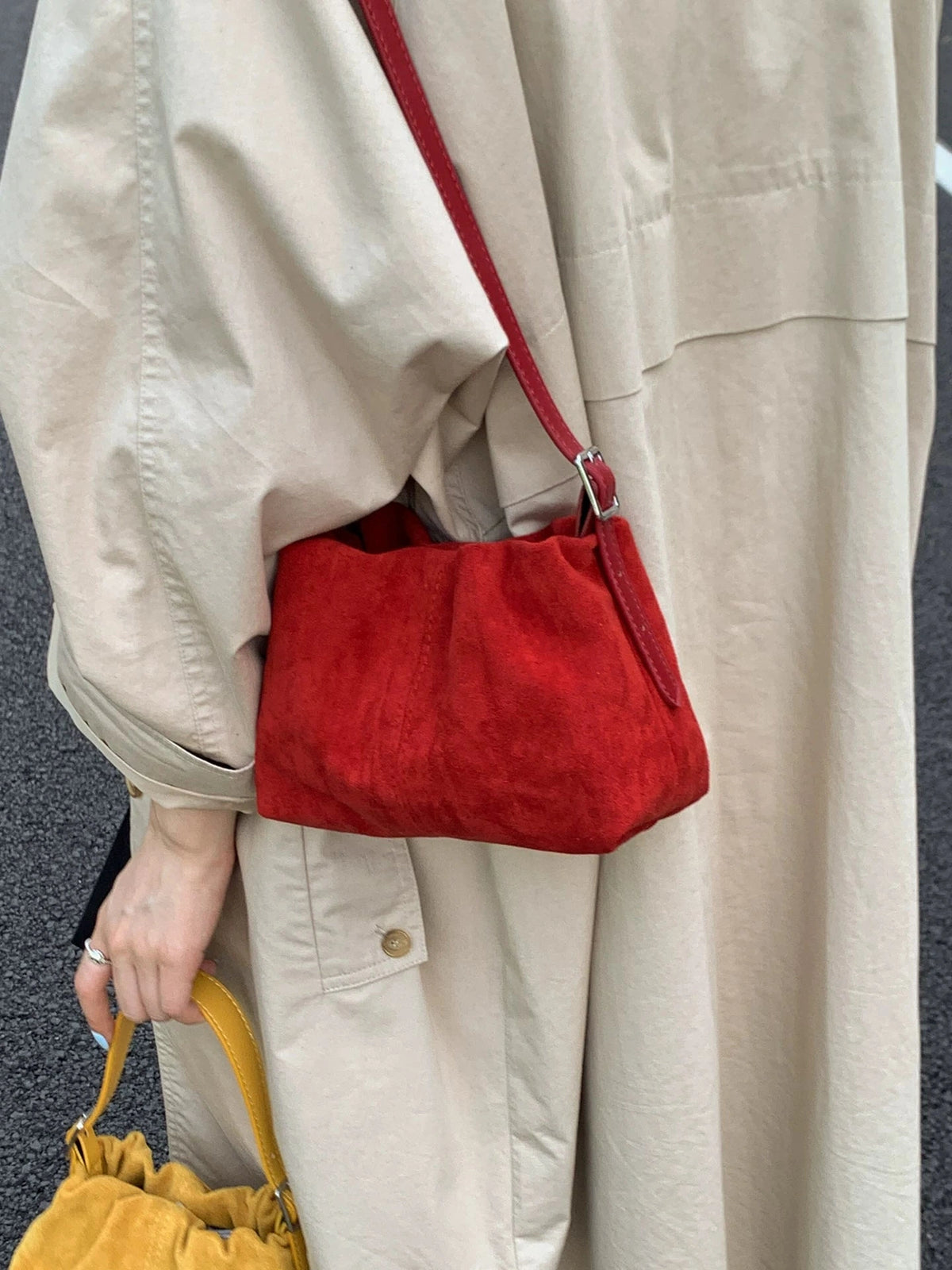 Women's Frosted Summer Suede Bucket Bag Drawstring Shoulder Purse Work Travel Everyday Purse