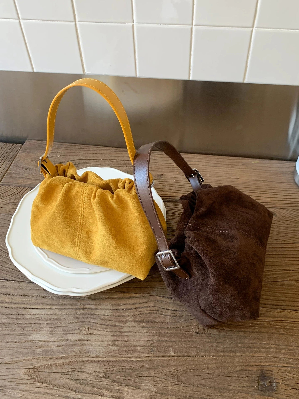 Women's Frosted Summer Suede Bucket Bag Drawstring Shoulder Purse Work Travel Everyday Purse