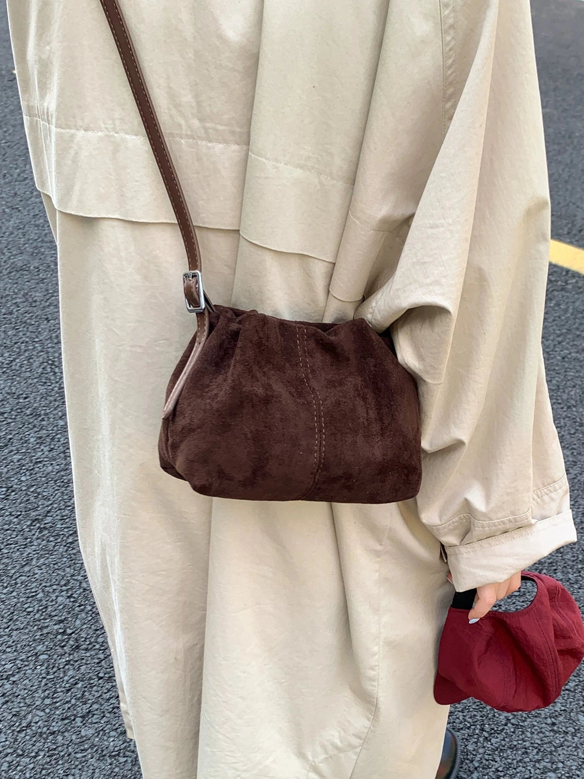 Women's Frosted Summer Suede Bucket Bag Drawstring Shoulder Purse Work Travel Everyday Purse