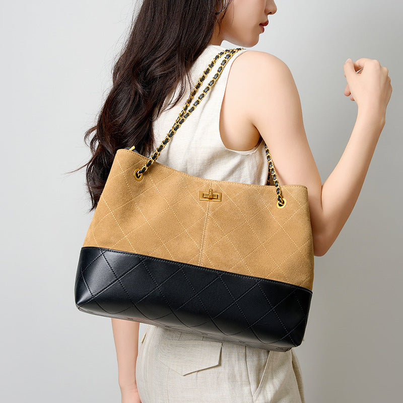 Women's Large-capacity Chain Commute Office Leather Tweed-style Workwear Bucket Bag Drawstring Shoulder Purse Hobo for Everyday Use Travel Premium