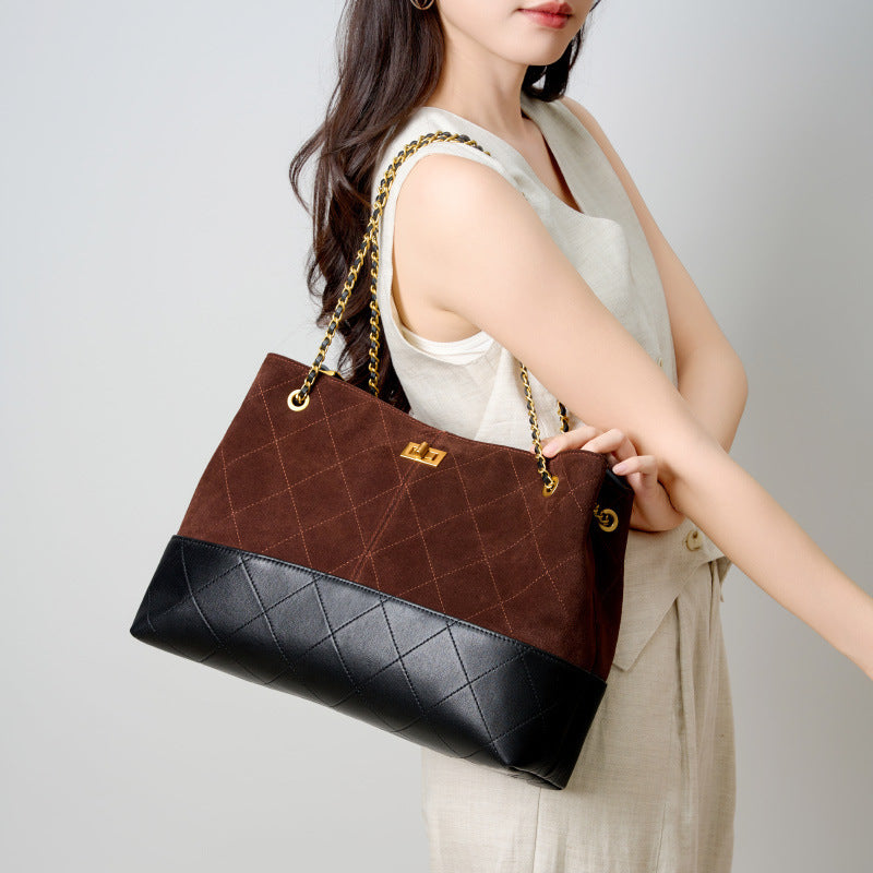 Women's Large-capacity Chain Commute Office Leather Tweed-style Workwear Bucket Bag Drawstring Shoulder Purse Hobo for Everyday Use Travel Premium