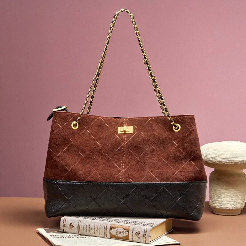 Women's Large-capacity Chain Commute Office Leather Tweed-style Workwear Bucket Bag Drawstring Shoulder Purse Hobo for Everyday Use Travel Premium