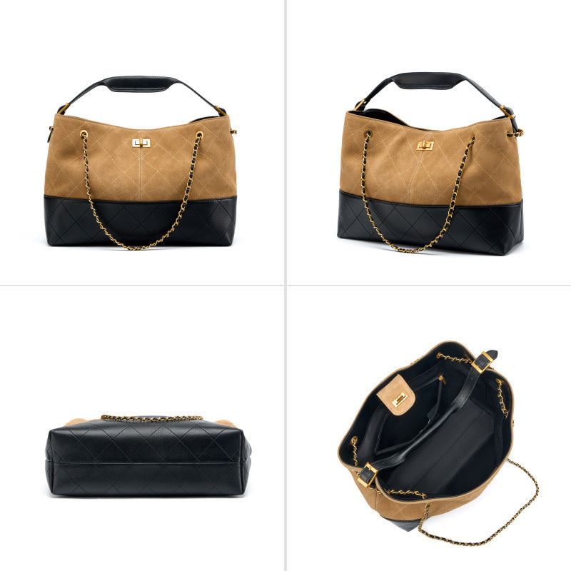 Women's Large-capacity Chain Commute Office Leather Tweed-style Workwear Bucket Bag Drawstring Shoulder Purse Hobo for Everyday Use Travel Premium
