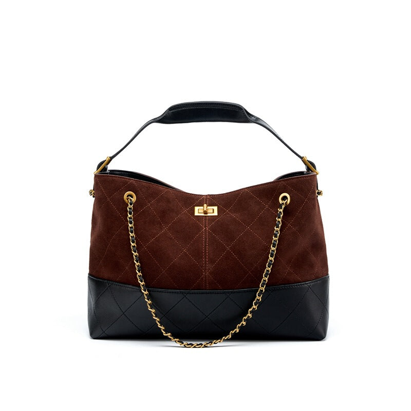 Women's Large-capacity Chain Commute Office Leather Tweed-style Workwear Bucket Bag Drawstring Shoulder Purse Hobo for Everyday Use Travel Premium