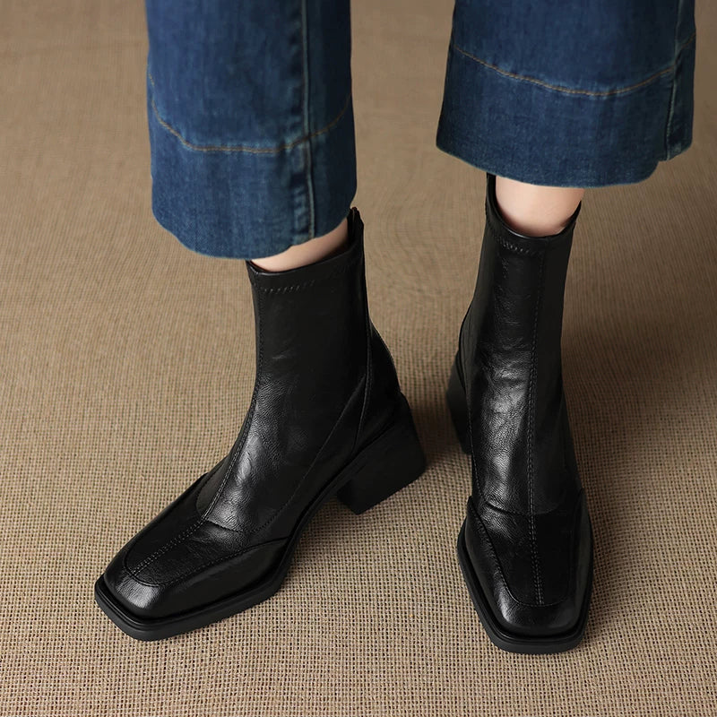 Women's Fall Winter Fleece-lined Slim-fit Side Zip Retro Slim Ankle Boots for Office and Weekend Streetwear Everyday Wear Slimming