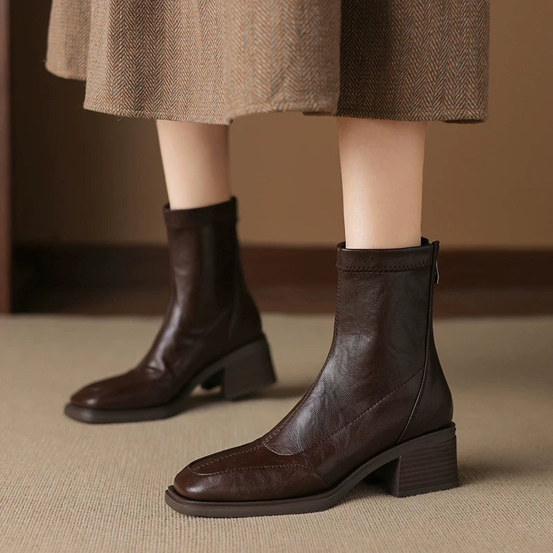 Women's Fall Winter Fleece-lined Slim-fit Side Zip Retro Slim Ankle Boots for Office and Weekend Streetwear Everyday Wear Slimming