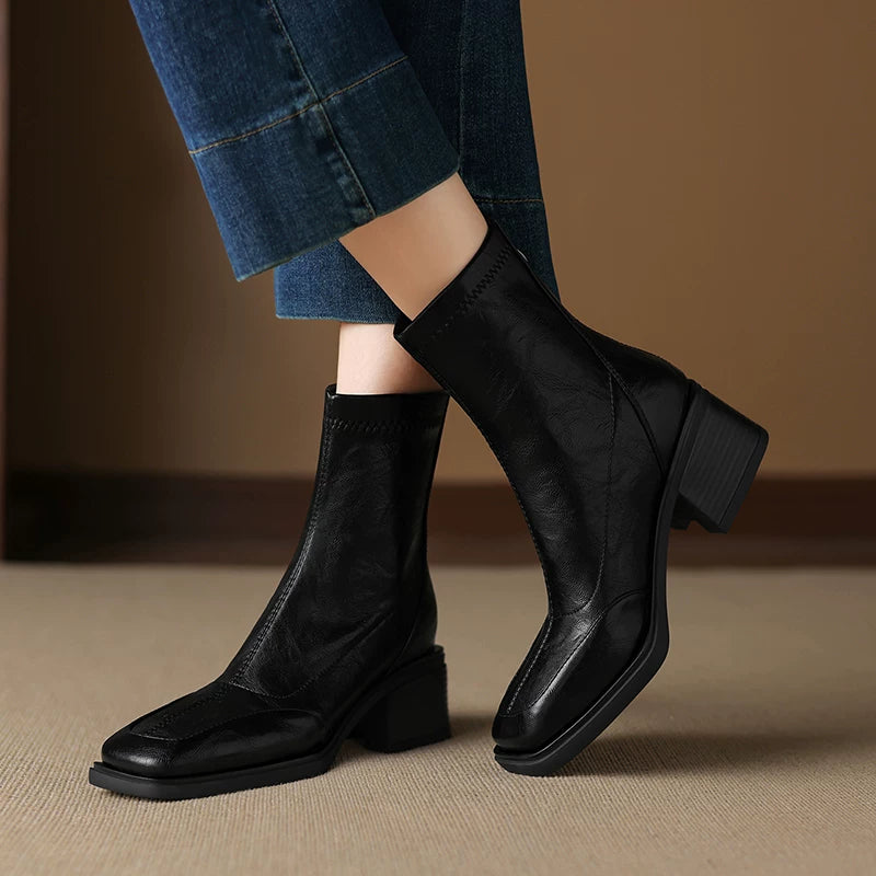 Women's Fall Winter Fleece-lined Slim-fit Side Zip Retro Slim Ankle Boots for Office and Weekend Streetwear Everyday Wear Slimming