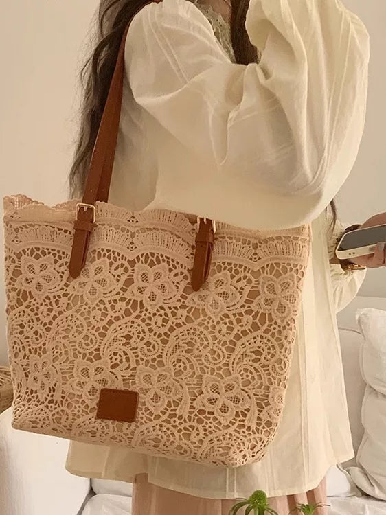 Women's Large-Capacity Lace Office Vacation French-Inspired Workwear Casual Tote Bag Shoulder Crossbody Purse Work and Travel School