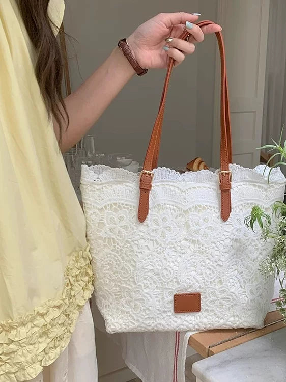 Women's Large-Capacity Lace Office Vacation French-Inspired Workwear Casual Tote Bag Shoulder Crossbody Purse Work and Travel School