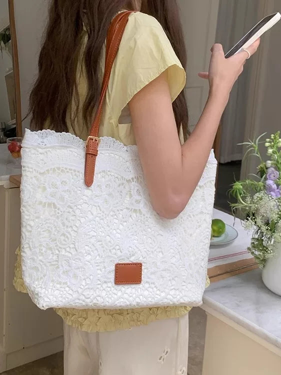 Women's Large-Capacity Lace Office Vacation French-Inspired Workwear Casual Tote Bag Shoulder Crossbody Purse Work and Travel School