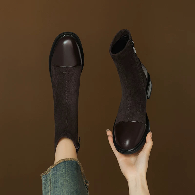 Women's Fall Winter Suede Block Heel Plus Size Slim-fit Martin Combat Boots for Office and Weekend Streetwear Everyday Wear Slimming