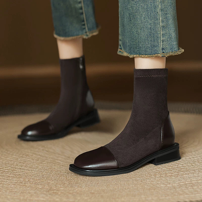 Women's Fall Winter Suede Block Heel Plus Size Slim-fit Martin Combat Boots for Office and Weekend Streetwear Everyday Wear Slimming