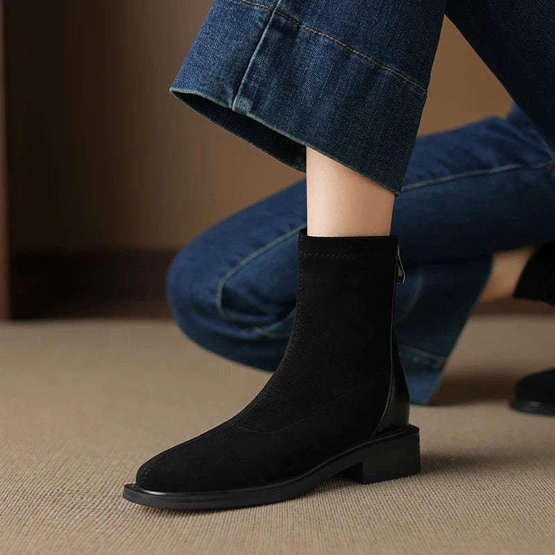 Women's Fall Winter Suede Fleece-lined Block Heel Slim-fit French-inspired Slim Ankle Boots for Office and Weekend Streetwear Everyday Wear Slimming