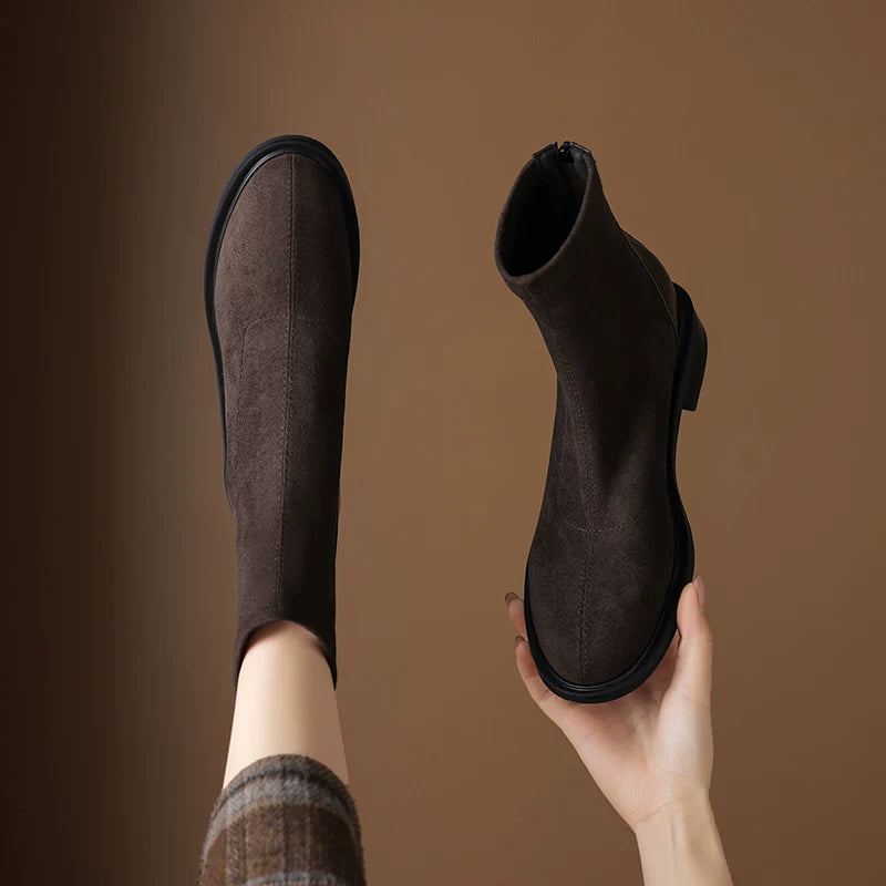 Women's Fall Winter Suede Fleece-lined Block Heel Slim-fit French-inspired Slim Ankle Boots for Office and Weekend Streetwear Everyday Wear Slimming