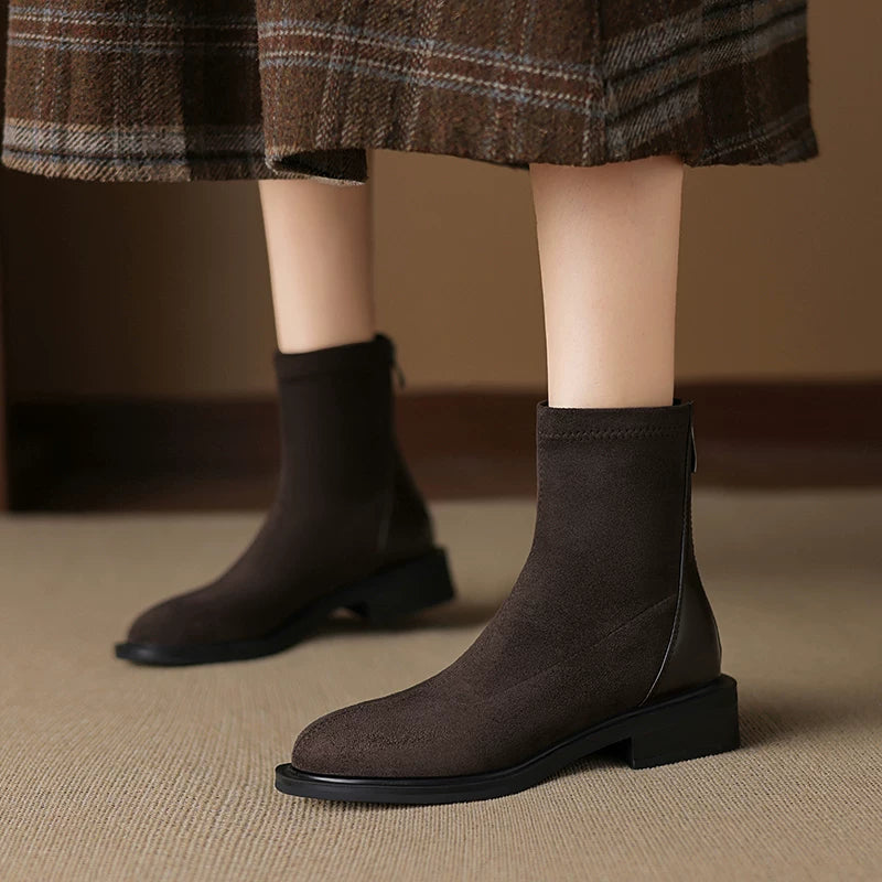 Women's Fall Winter Suede Fleece-lined Block Heel Slim-fit French-inspired Slim Ankle Boots for Office and Weekend Streetwear Everyday Wear Slimming