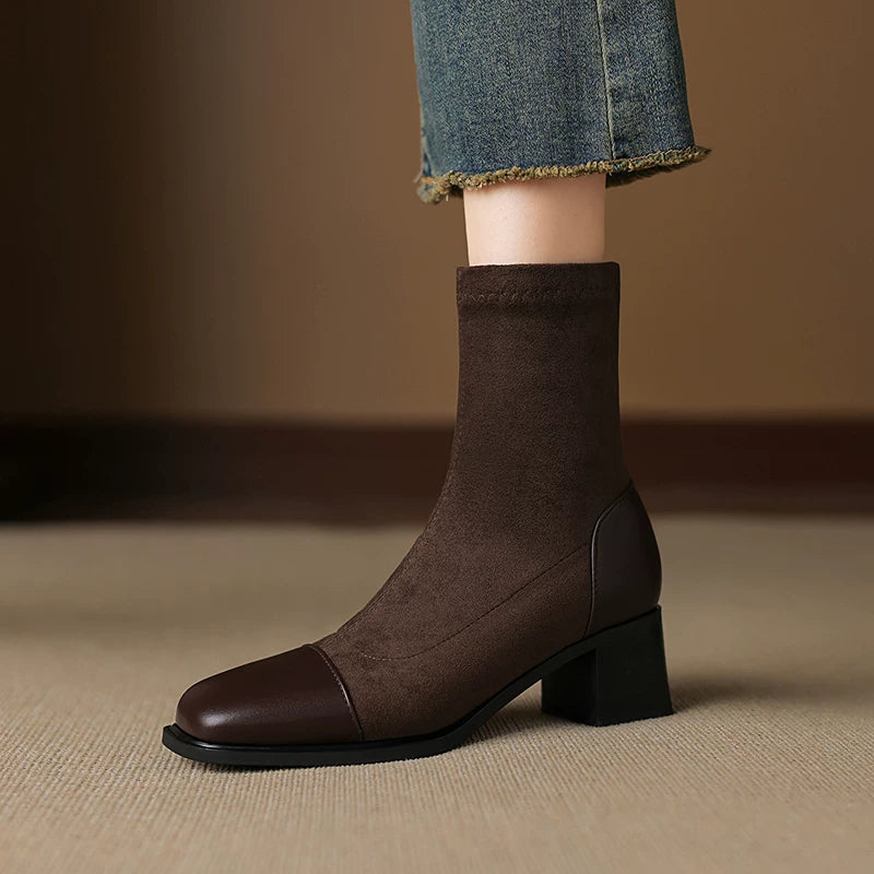Women's Fall Winter Fleece-lined Block Heel Slim-fit Side Zip Slim Ankle Boots for Office and Weekend Streetwear Everyday Wear Slimming