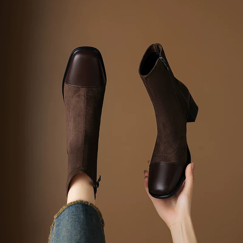 Women's Fall Winter Fleece-lined Block Heel Slim-fit Side Zip Slim Ankle Boots for Office and Weekend Streetwear Everyday Wear Slimming