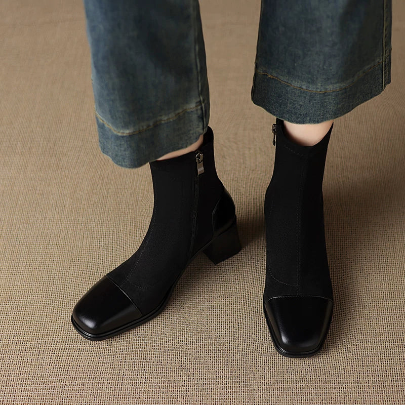 Women's Fall Winter Fleece-lined Block Heel Slim-fit Side Zip Slim Ankle Boots for Office and Weekend Streetwear Everyday Wear Slimming