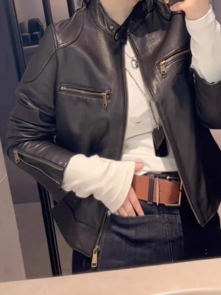 Women's Fall Winter Mandarin Collar Leather Cropped Jacket Casual Coat for Cold Weather Travel Spring Outdoor Holiday