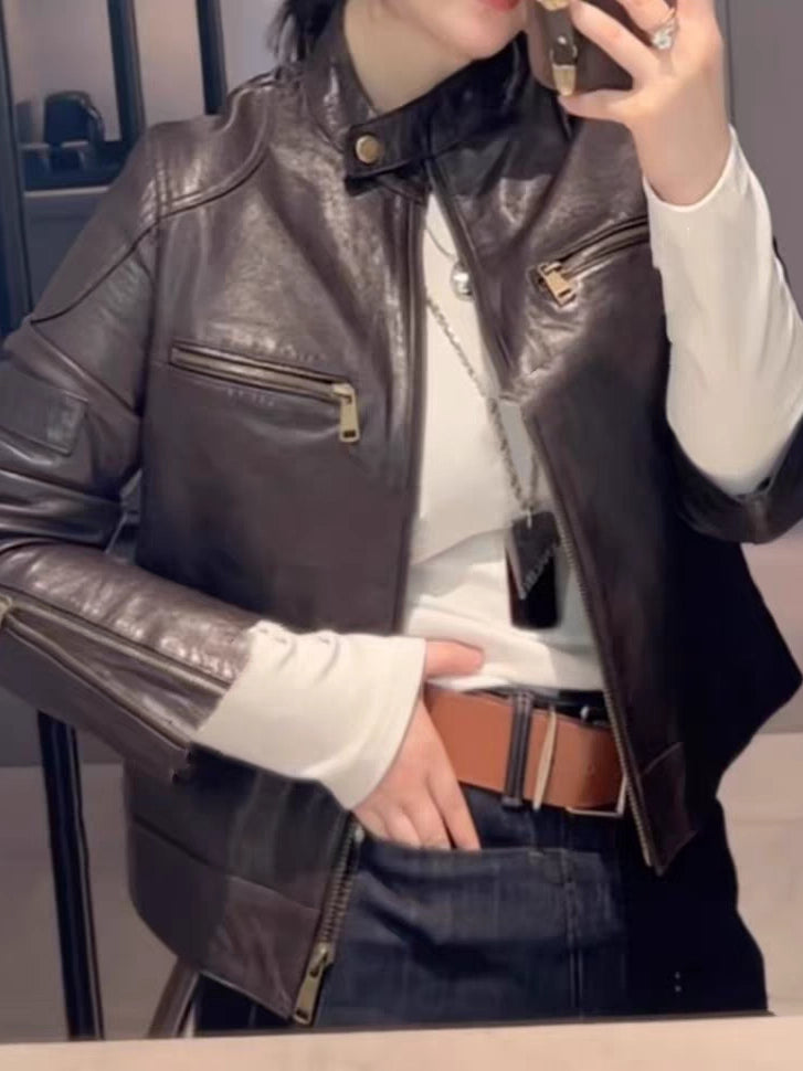 Women's Fall Winter Mandarin Collar Leather Cropped Jacket Casual Coat for Cold Weather Travel Spring Outdoor Holiday