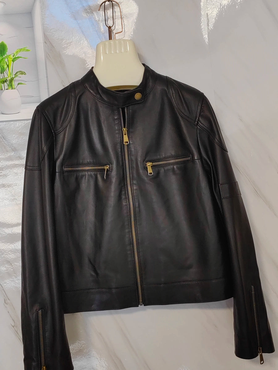 Women's Fall Winter Mandarin Collar Leather Cropped Jacket Casual Coat for Cold Weather Travel Spring Outdoor Holiday