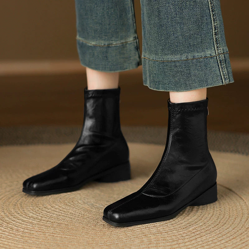 Women's Fall Winter Square Toe Block Heel Slim-fit Zip Retro Slim Ankle Boots for Office and Weekend Streetwear Everyday Wear Slimming