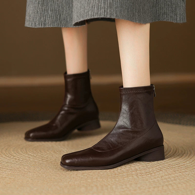 Women's Fall Winter Square Toe Block Heel Slim-fit Zip Retro Slim Ankle Boots for Office and Weekend Streetwear Everyday Wear Slimming