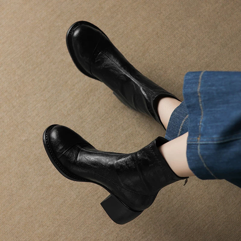 Women's Fall Winter Block Heel Slim-fit Zip French-inspired Retro Slim Ankle Boots for Office and Weekend Streetwear Everyday Wear Slimming