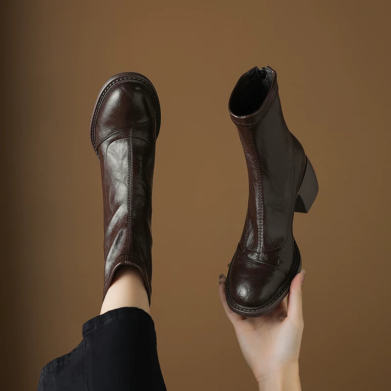 Women's Fall Winter Block Heel Slim-fit Zip French-inspired Retro Slim Ankle Boots for Office and Weekend Streetwear Everyday Wear Slimming
