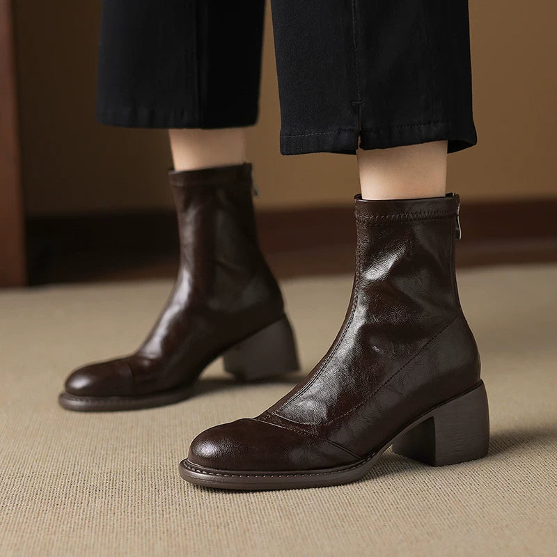 Women's Fall Winter Block Heel Slim-fit Zip French-inspired Retro Slim Ankle Boots for Office and Weekend Streetwear Everyday Wear Slimming