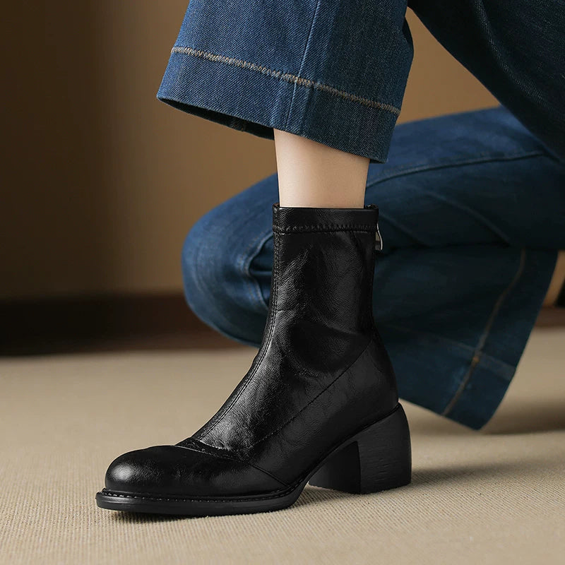 Women's Fall Winter Block Heel Slim-fit Zip French-inspired Retro Slim Ankle Boots for Office and Weekend Streetwear Everyday Wear Slimming
