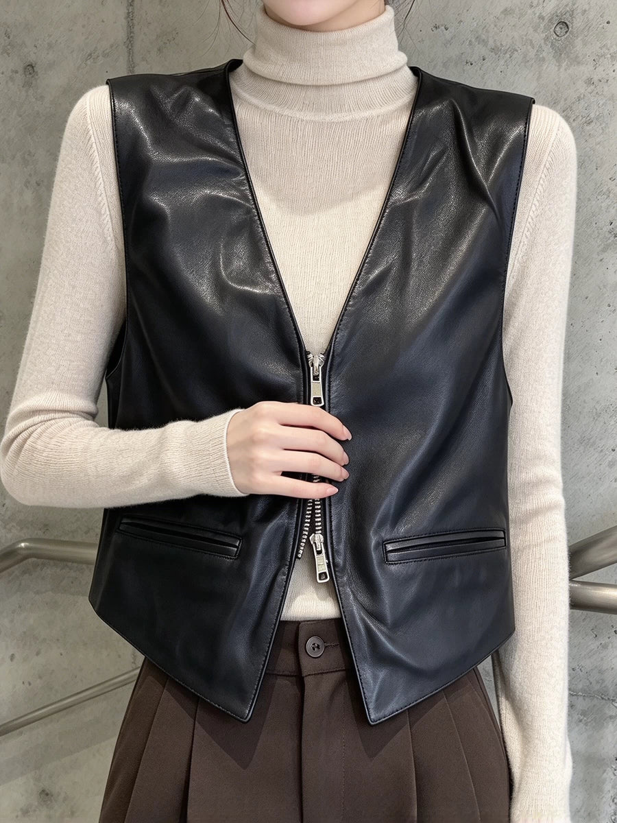 Women's Fall Winter Straight Vest Black Office Leather Cropped Zip Workwear for Date Night Holiday Party