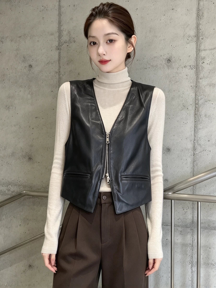 Women's Fall Winter Straight Vest Black Office Leather Cropped Zip Workwear for Date Night Holiday Party
